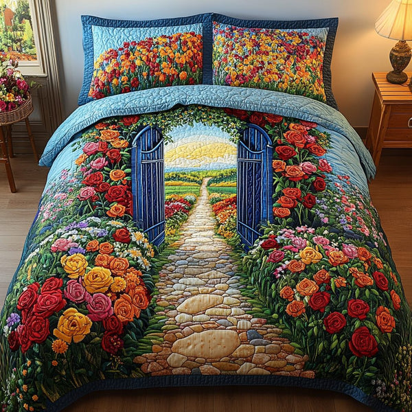 Floral Gateway quilted 3-piece bedding set on a made bed with two matching pillow shams