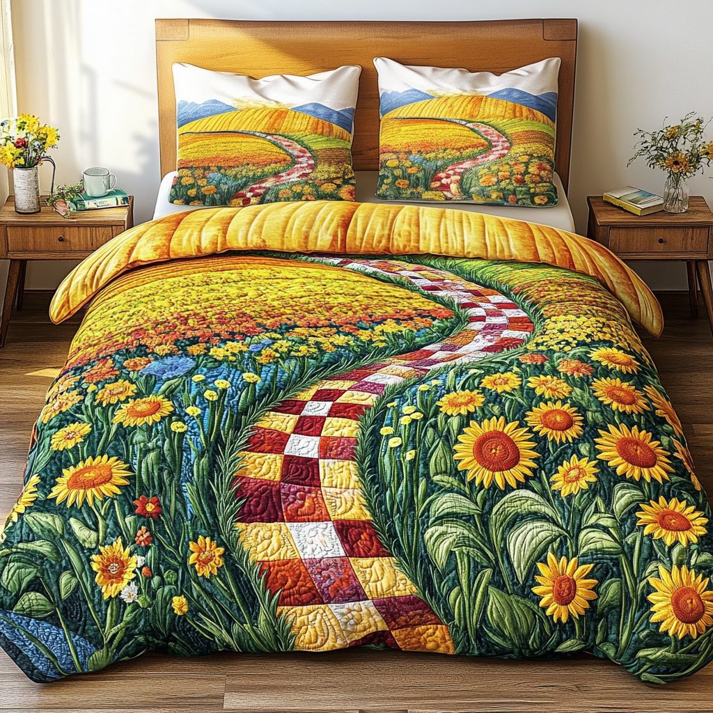 Floral Gold quilted 3-piece bedding set on a made bed with two matching pillow shams