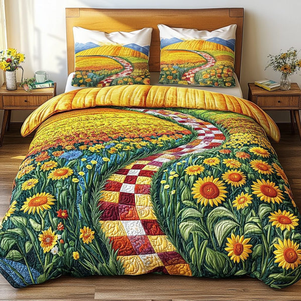 Floral Gold quilted 3-piece bedding set on a made bed with two matching pillow shams
