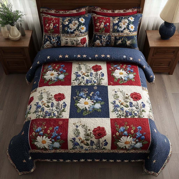 Floral Grid quilted 3-piece bedding set on a made bed with two matching pillow shams
