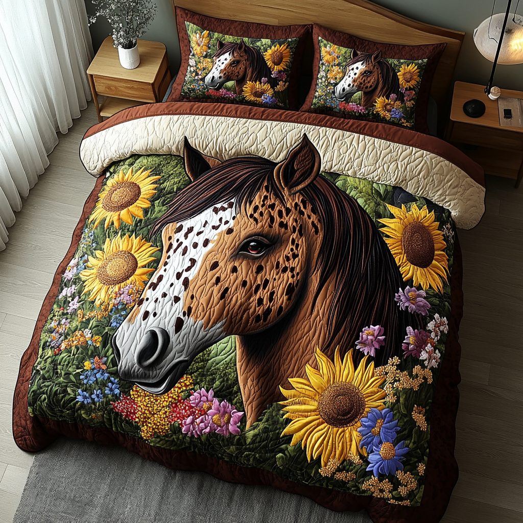 Floral Harmony quilted 3-piece bedding set on a made bed with two matching pillow shams