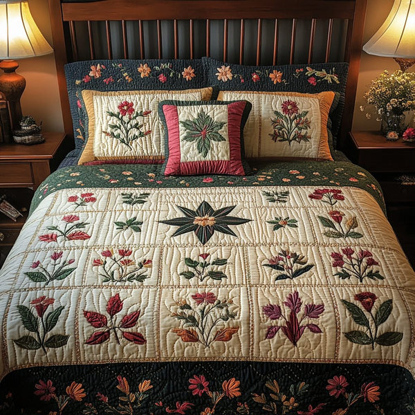 Floral Harmony quilted 3-piece bedding set on a made bed with two matching pillow shams