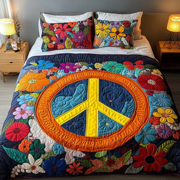 Floral Harmony quilted 3-piece bedding set on a made bed with two matching pillow shams