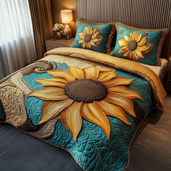 Floral Harmony quilted 3-piece bedding set on a made bed with two matching pillow shams