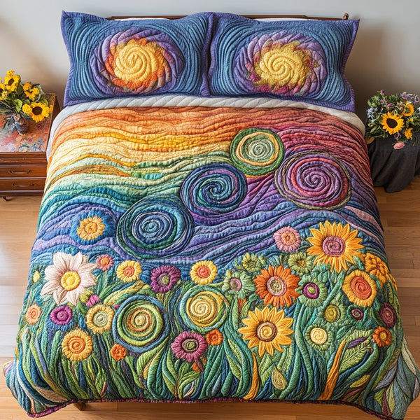 Floral Harmony quilted 3-piece bedding set on a made bed with two matching pillow shams