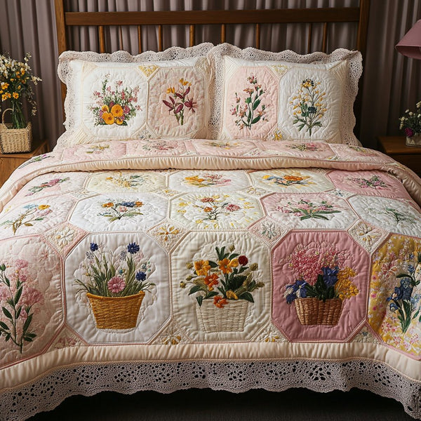 Floral Harmony quilted 3-piece bedding set on a made bed with two matching pillow shams