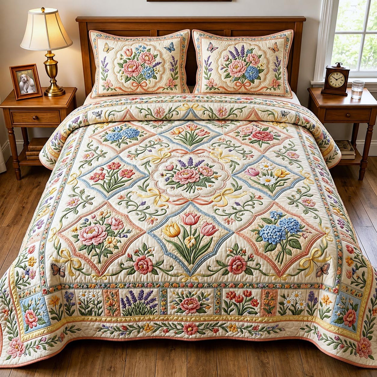 Floral Haven quilted 3-piece bedding set on a made bed with two matching pillow shams