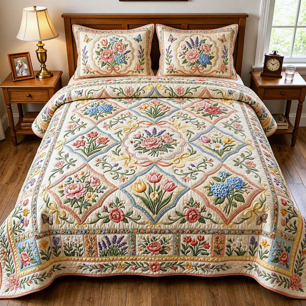 Floral Haven quilted 3-piece bedding set on a made bed with two matching pillow shams