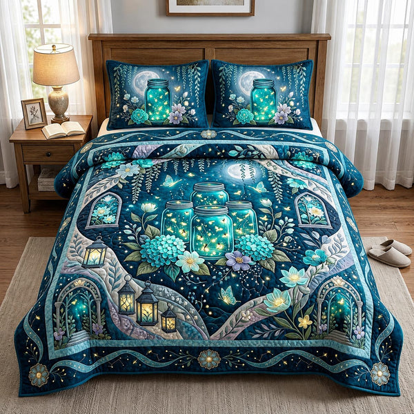 Floral Haven quilted 3-piece bedding set on a made bed with two matching pillow shams