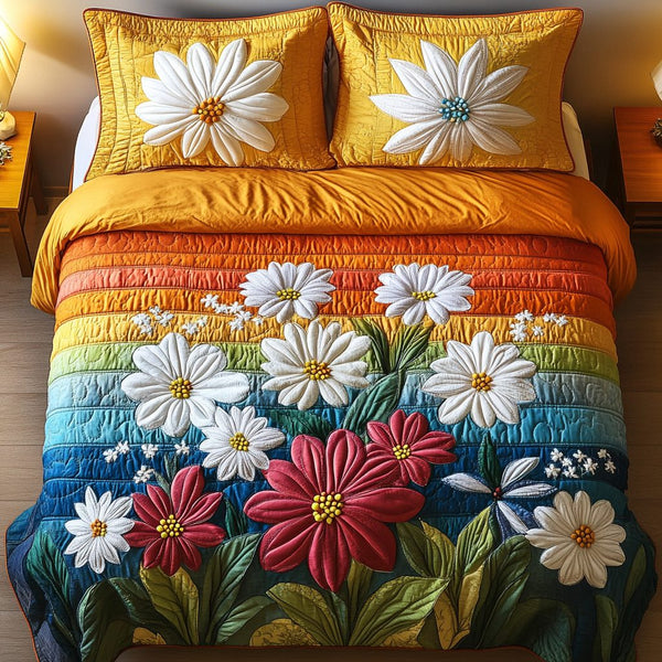Floral Haven quilted 3-piece bedding set on a made bed with two matching pillow shams