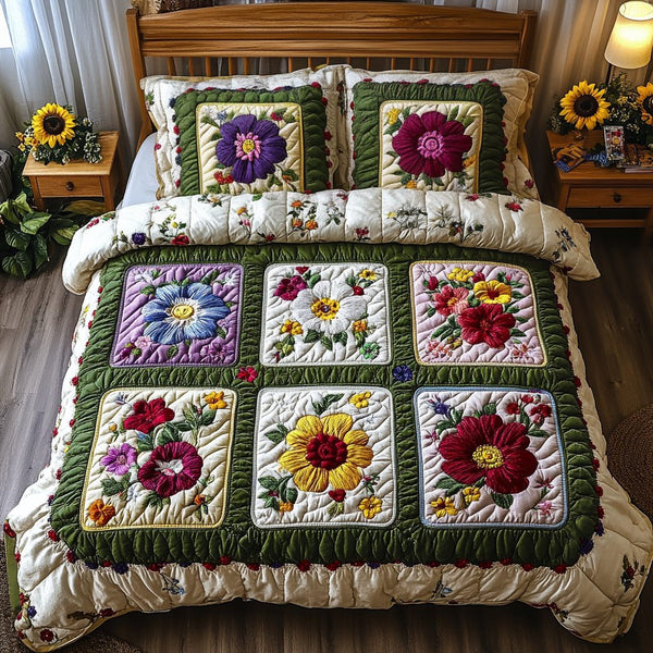 Floral Haven quilted 3-piece bedding set on a made bed with two matching pillow shams