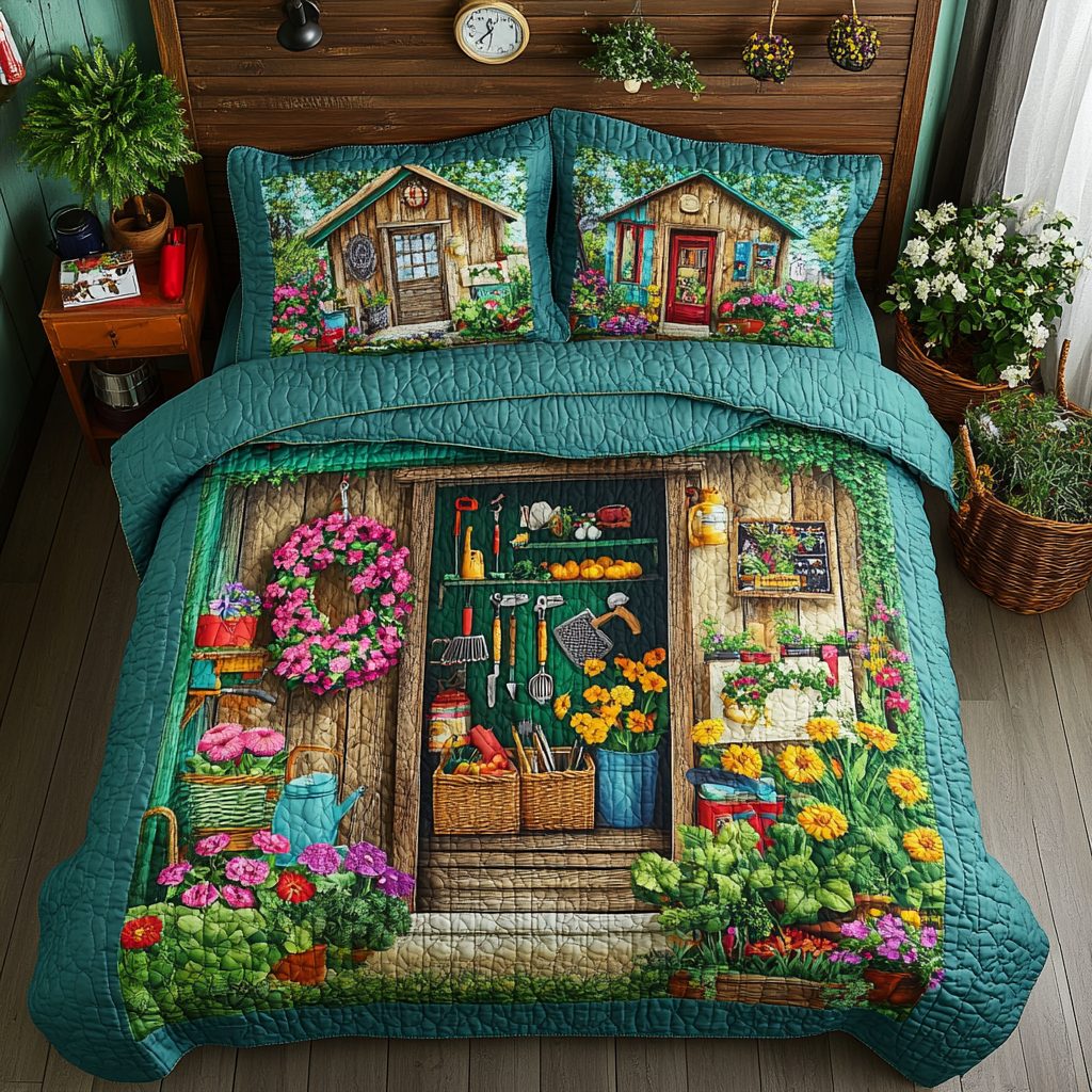 Floral Haven quilted 3-piece bedding set on a made bed with two matching pillow shams
