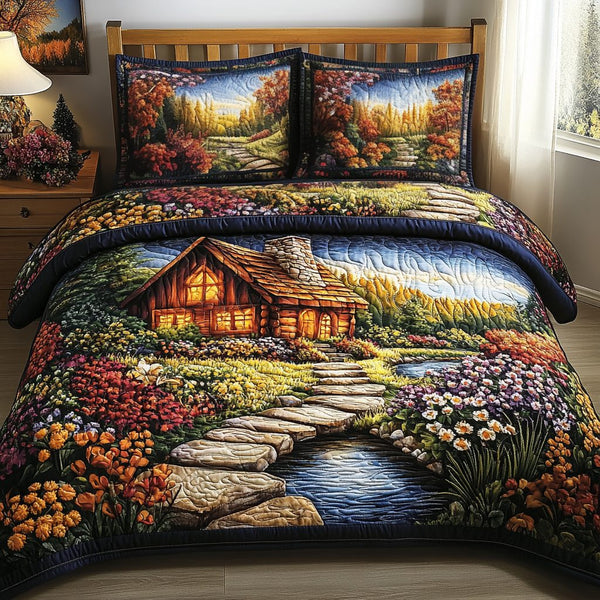 Floral Haven quilted 3-piece bedding set on a made bed with two matching pillow shams