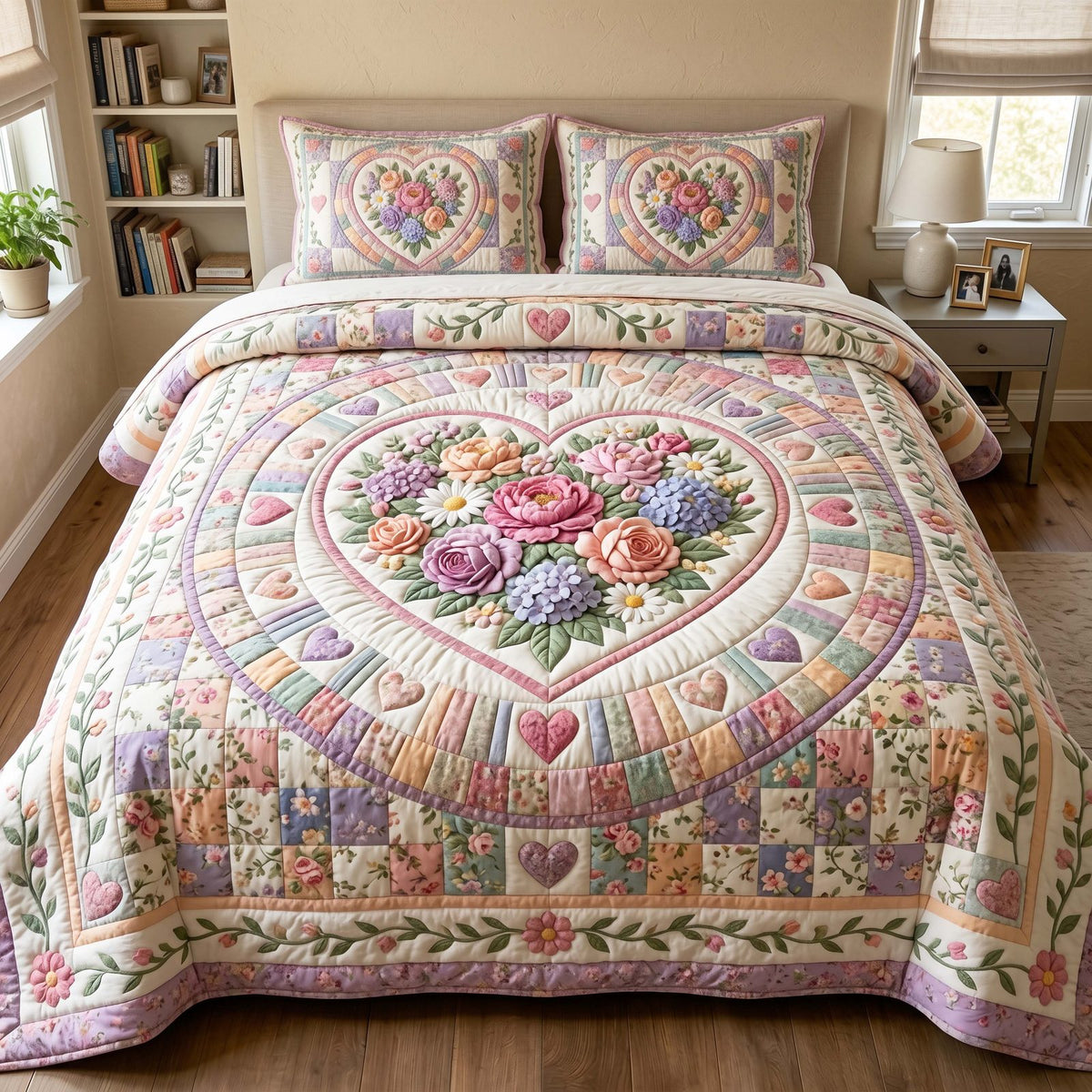 Floral Heart quilted 3-piece bedding set on a made bed with two matching pillow shams