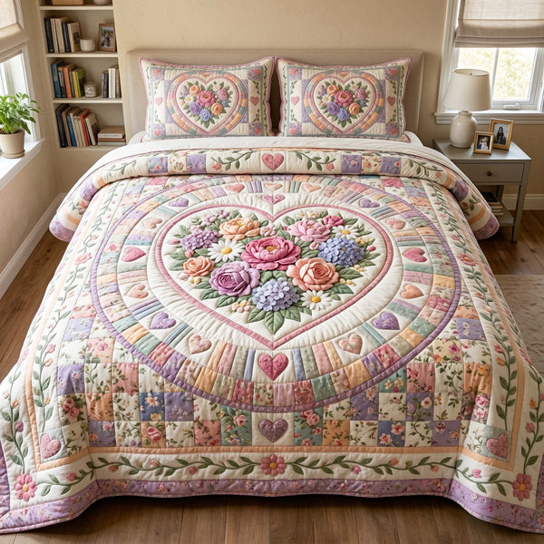 Floral Heart quilted 3-piece bedding set on a made bed with two matching pillow shams