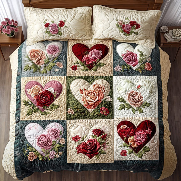 Floral Heart Trails quilted 3-piece bedding set on a made bed with two matching pillow shams