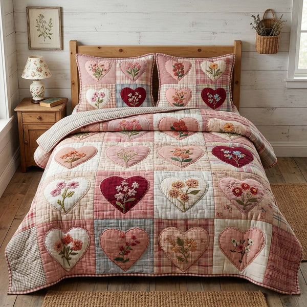 Floral Hearts quilted 3-piece bedding set on a made bed with two matching pillow shams