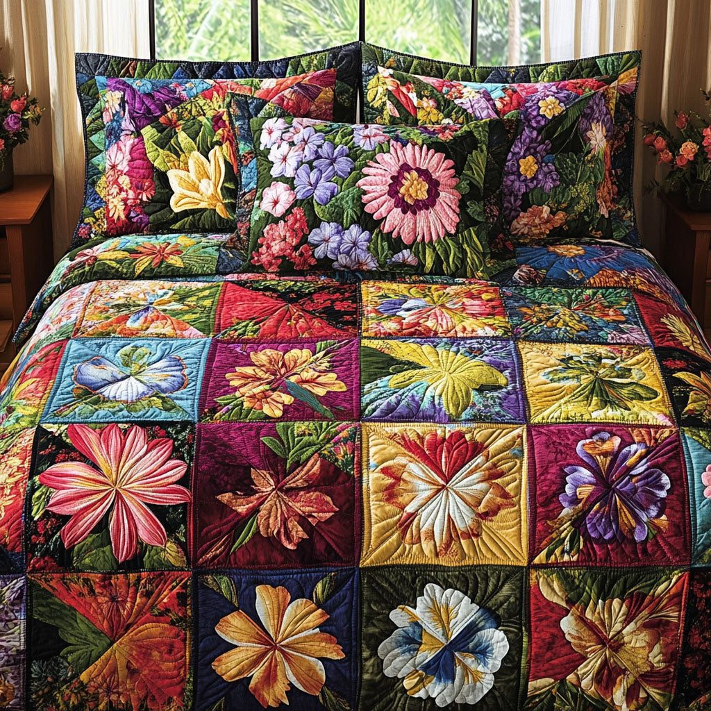 Floral Heirloom quilted 3-piece bedding set on a made bed with two matching pillow shams