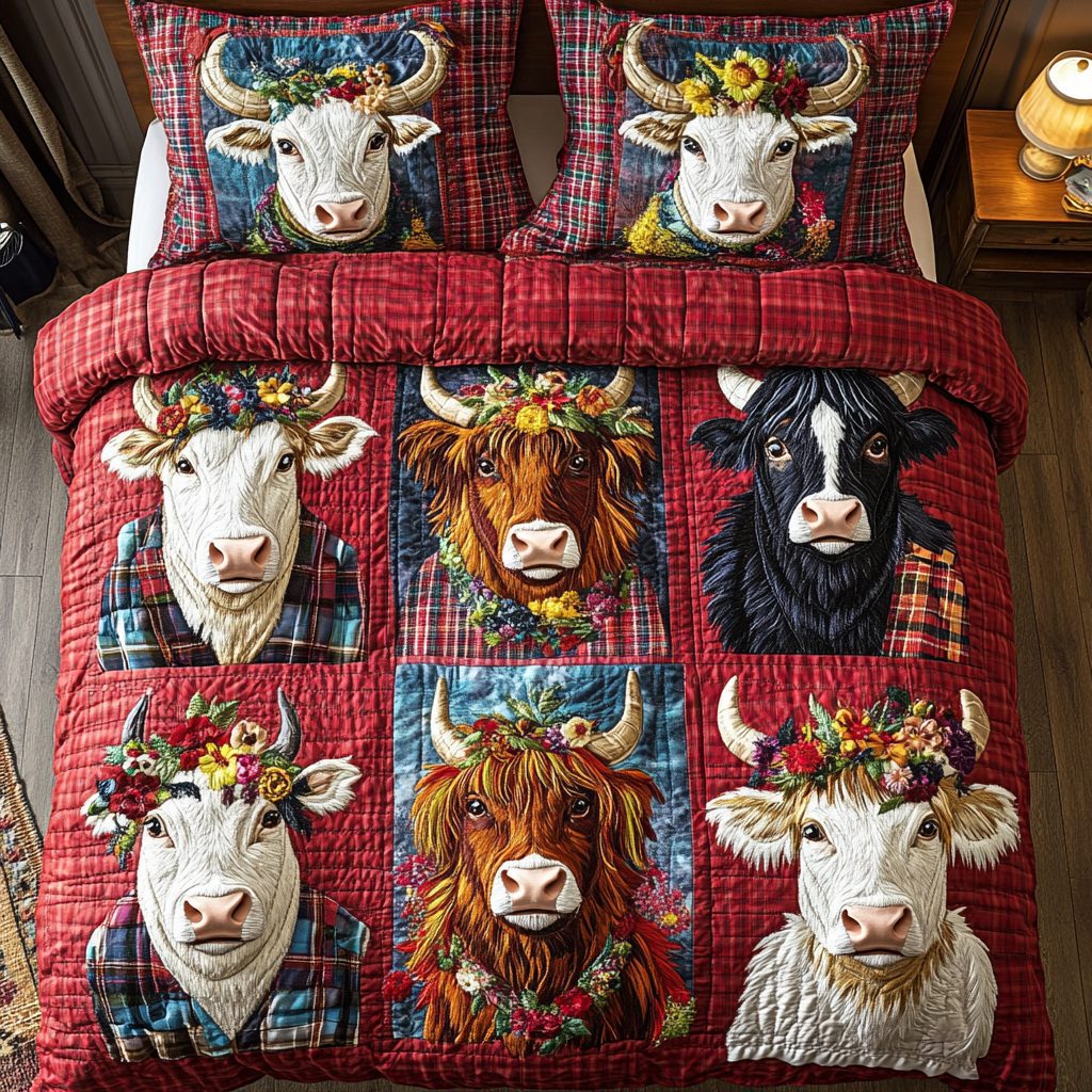 Floral Herd quilted 3-piece bedding set on a made bed with two matching pillow shams
