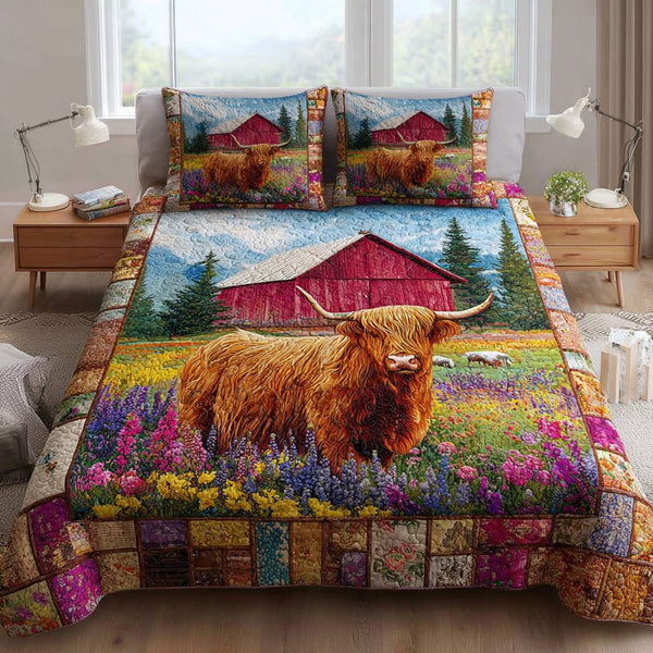 Floral Highland Cow quilted 3-piece bedding set on a made bed with two matching pillow shams