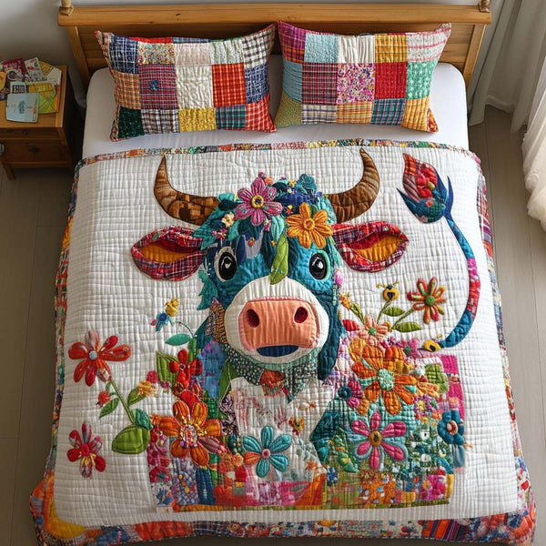 Floral Highland Cow quilted 3-piece bedding set on a made bed with two matching pillow shams