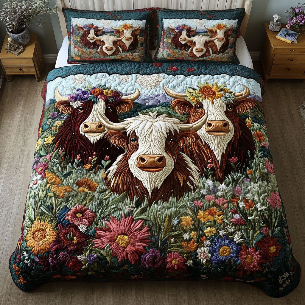 Floral Hillside Herd quilted 3-piece bedding set on a made bed with two matching pillow shams