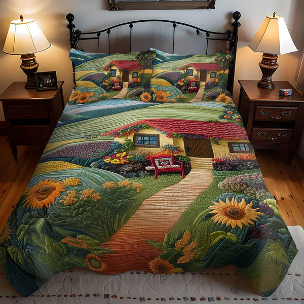 Floral Hillside quilted 3-piece bedding set on a made bed with two matching pillow shams