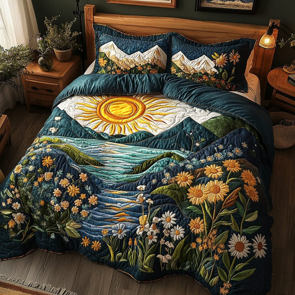 Floral Horizon quilted 3-piece bedding set on a made bed with two matching pillow shams