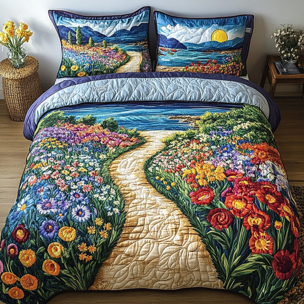Floral Horizon quilted 3-piece bedding set on a made bed with two matching pillow shams