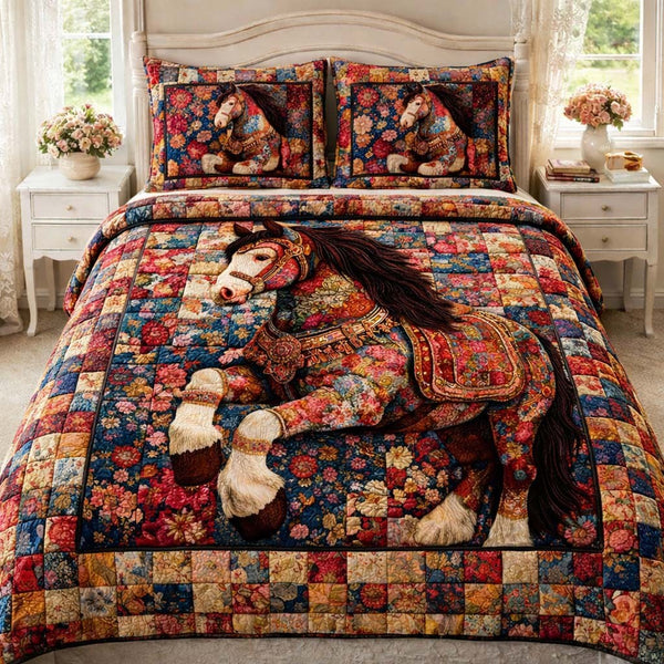 Floral Horse quilted 3-piece bedding set on a made bed in a rustic timber bedroom