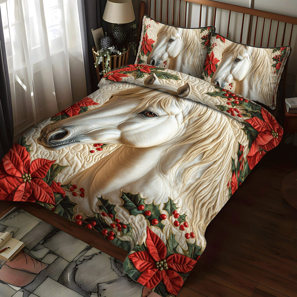 Floral Horse quilted 3-piece bedding set on a made bed in a rustic timber bedroom