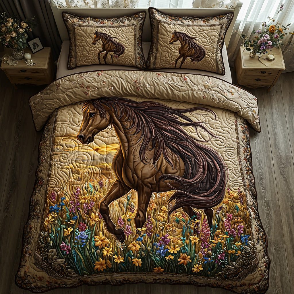 Floral Horse quilted 3-piece bedding set on a made bed in a rustic timber bedroom