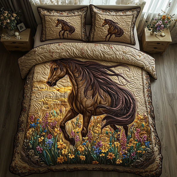 Floral Horse quilted 3-piece bedding set on a made bed in a rustic timber bedroom