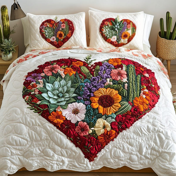 Floral Hug quilted 3-piece bedding set on a made bed with two matching pillow shams
