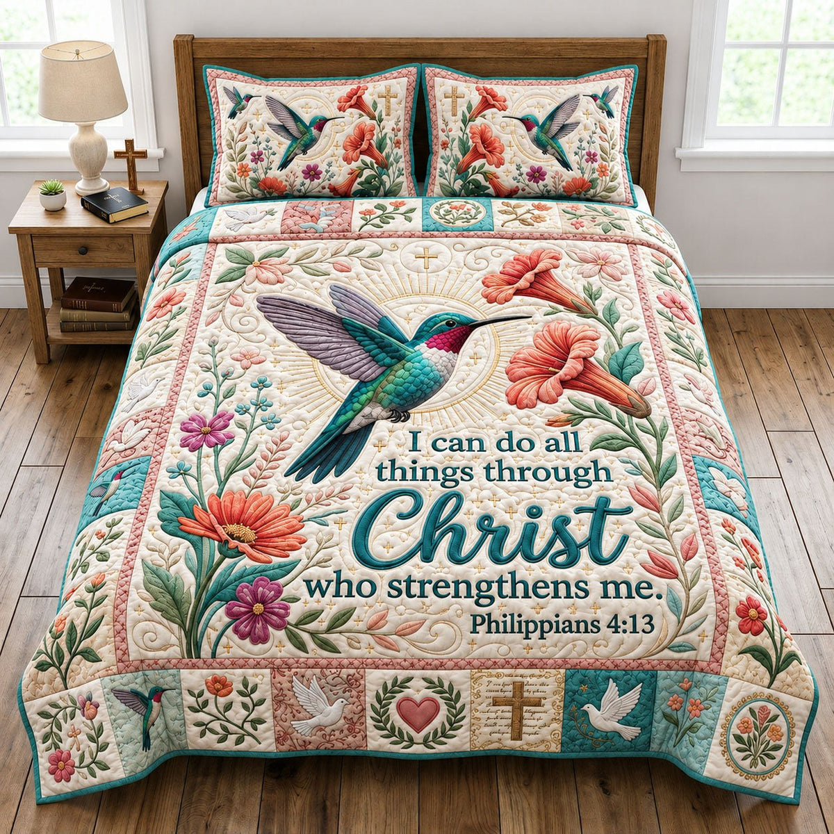 Floral Hummingbird quilted 3-piece bedding set on a made bed with two matching pillow shams