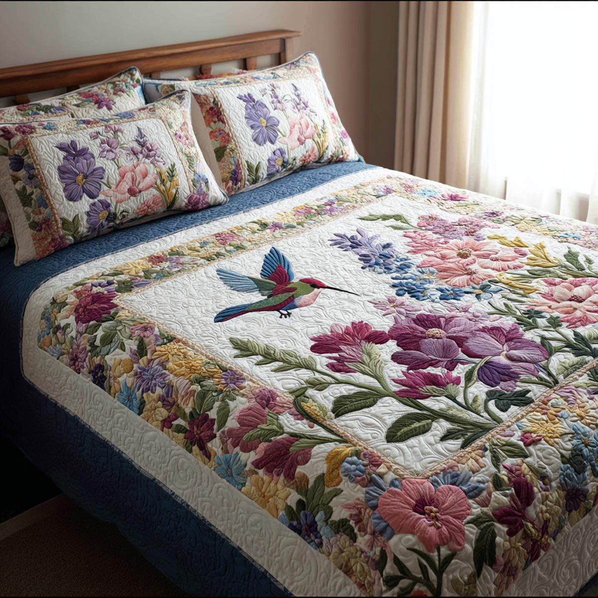 Floral Hummingbird quilted 3-piece bedding set on a made bed with two matching pillow shams