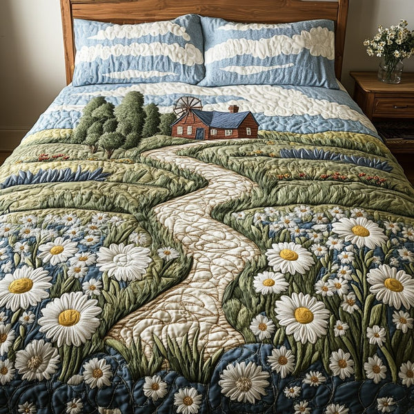 Floral Journey quilted 3-piece bedding set on a made bed with two matching pillow shams