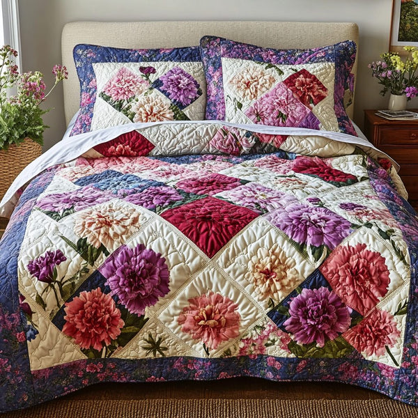 Floral Kiss quilted 3-piece bedding set on a made bed with two matching pillow shams
