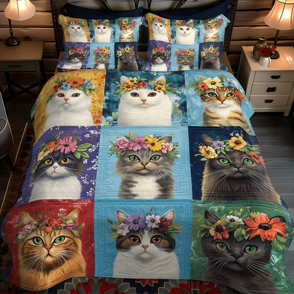 Floral Kitty Parade quilted 3-piece bedding set on a made bed with two matching pillow shams