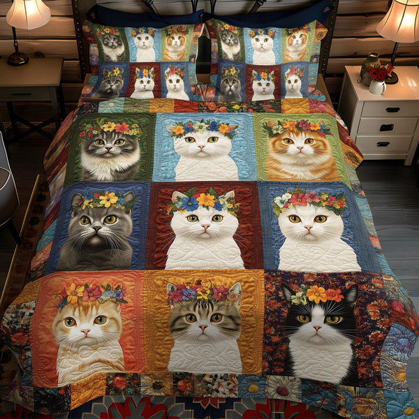 Floral Kitty quilted 3-piece bedding set on a made bed with two matching pillow shams