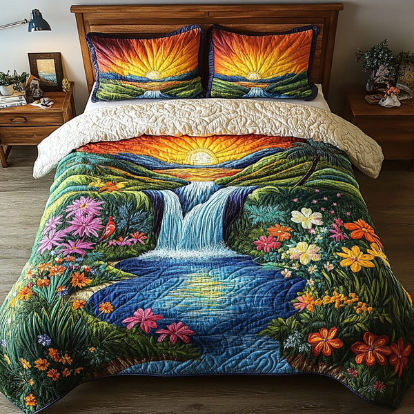 Floral Lagoon quilted 3-piece bedding set on a made bed in a light coastal bedroom