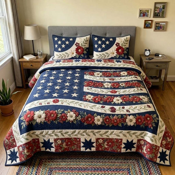 Floral Liberty quilted 3-piece bedding set on a made bed in a warmly lit bedroom