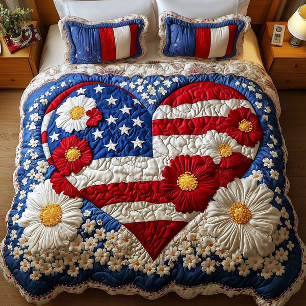 Floral Liberty quilted 3-piece bedding set on a made bed in a warmly lit bedroom