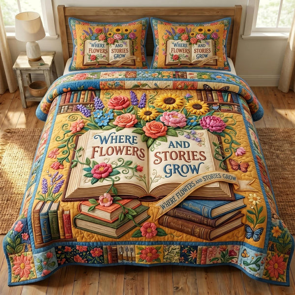 Floral Library quilted 3-piece bedding set on a made bed with two matching pillow shams
