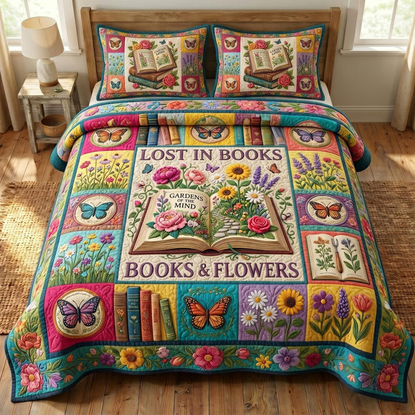 Floral Library quilted 3-piece bedding set on a made bed with two matching pillow shams
