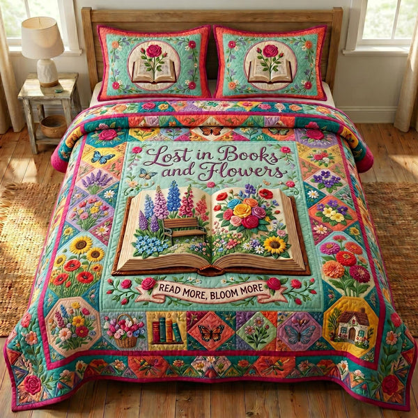 Floral Library quilted 3-piece bedding set on a made bed with two matching pillow shams