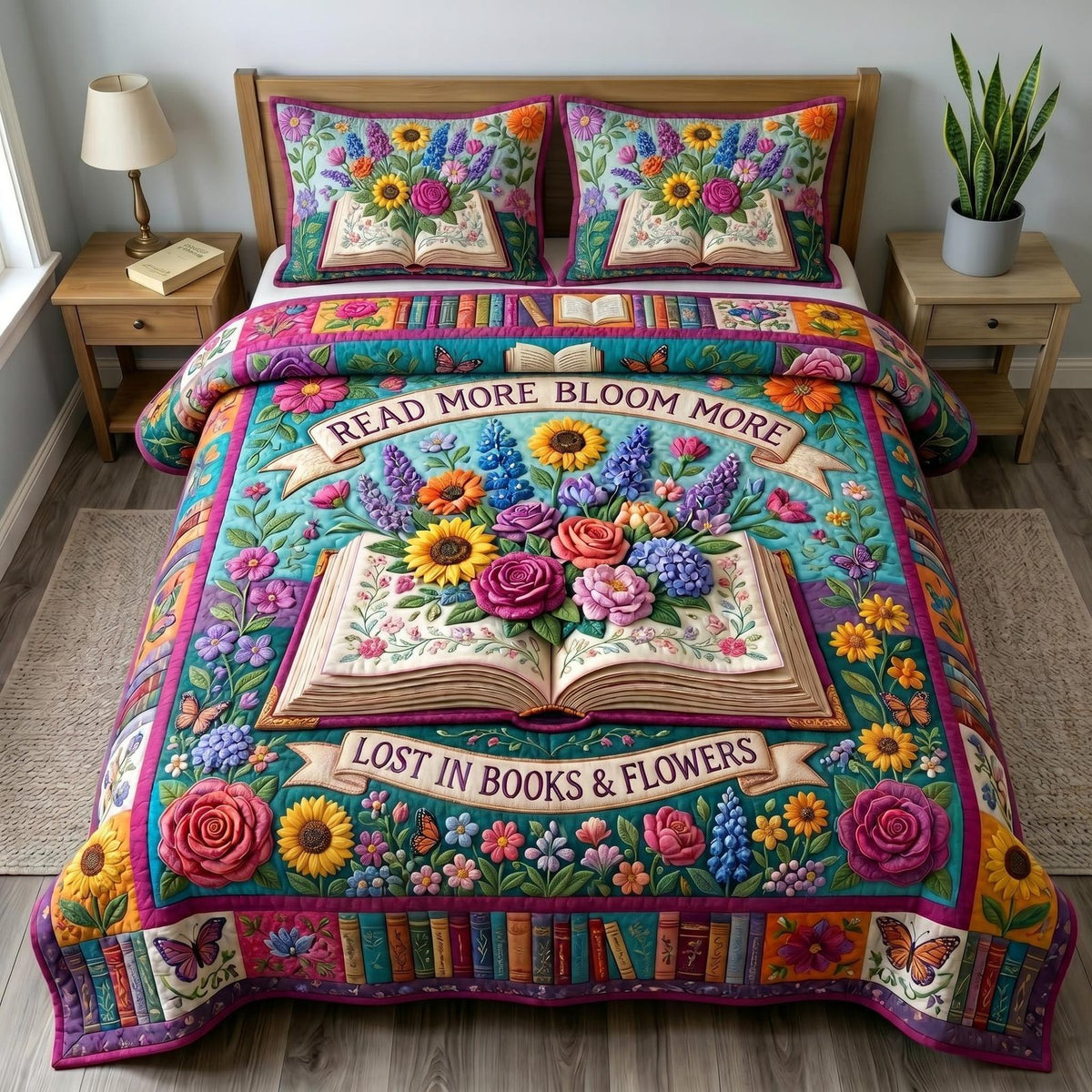Floral Library quilted 3-piece bedding set on a made bed with two matching pillow shams