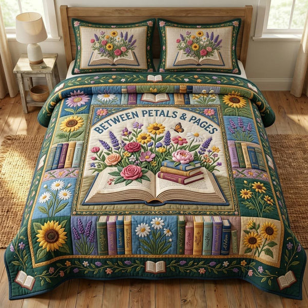 Floral Library quilted 3-piece bedding set on a made bed with two matching pillow shams