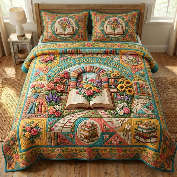 Floral Library quilted 3-piece bedding set on a made bed with two matching pillow shams