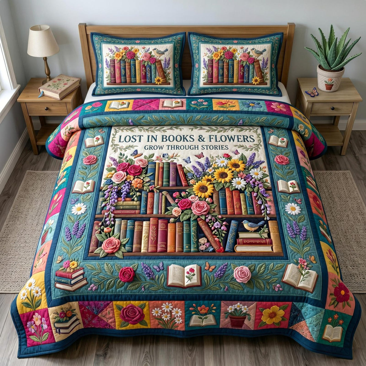 Floral Library quilted 3-piece bedding set on a made bed with two matching pillow shams